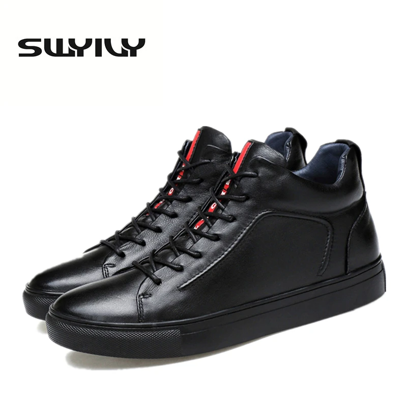 2017 New Genuine Leather Men Skateboarding Shoes High-top Lacing Black Men Sneakers EUR37-47 Plus Size
