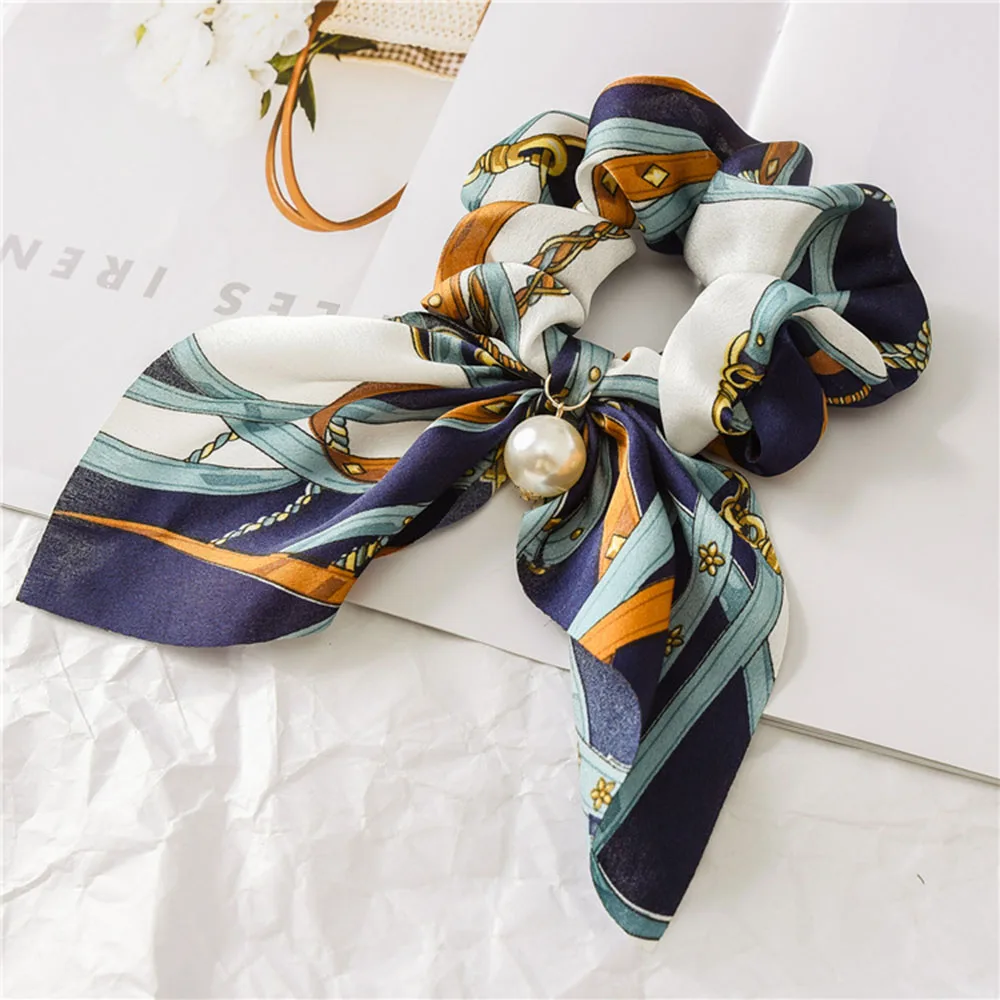 2021 New Chiffon Bowknot Silk Hair Scrunchies Women Pearl Ponytail Holder Hair Tie Hair Rope Rubber Bands Hair Accessories elastic headbands for women