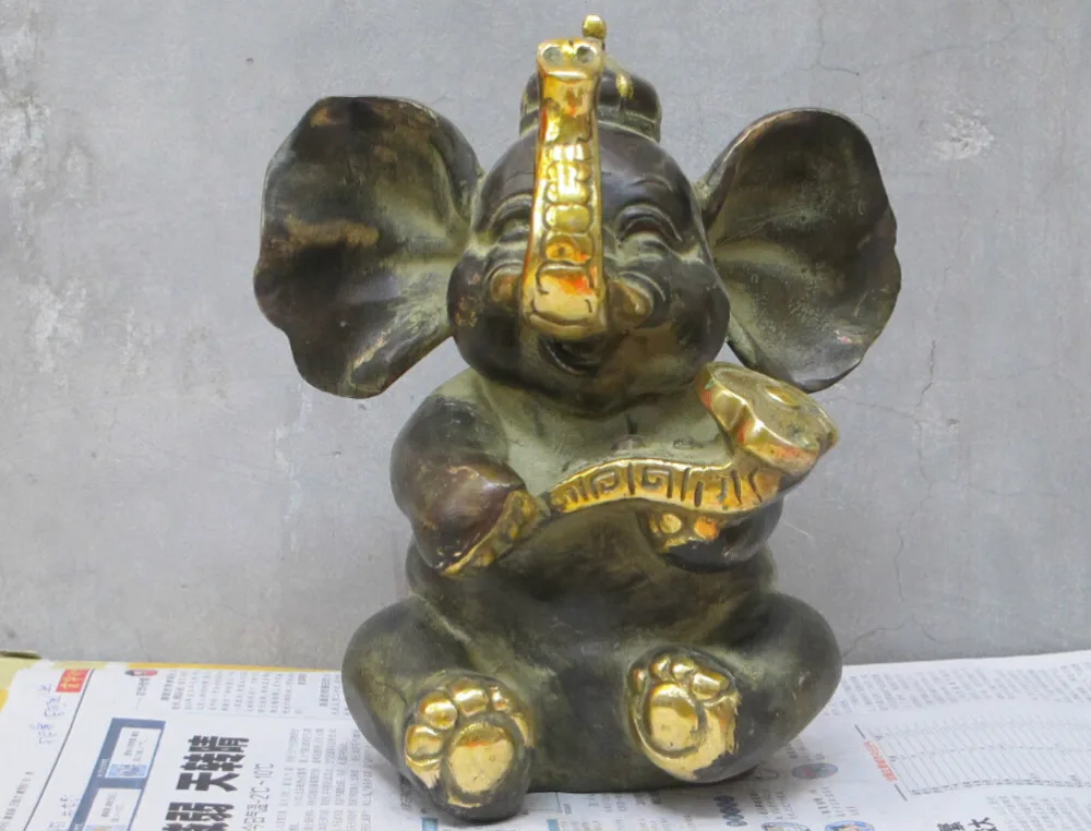 

S0643 8.5"China collectable bronze gilt happy Elephant King take Ru Yi statue