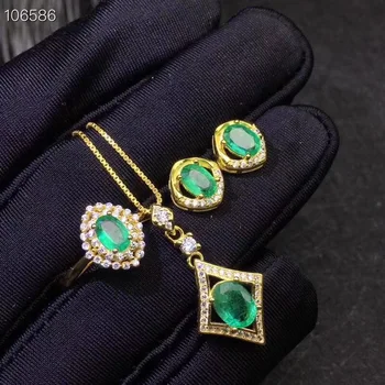 شراءطقم مجوهرات الزمرد الطبيعية الطبيعية ريال الزمرد 925 فضة 1 قطعة قلادة ، 1 قطعة خاتم ، 2 قطعة القرط