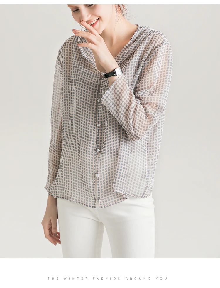 Женская блузка с капюшоном, рубашка, натуральный шелк, жоржет, с принтом, блузки с длинным рукавом, офисные женские блузки,, осенне-зимняя рубашка