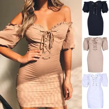 

2019 Summer Sexy Ladies Women Off Shoulder Dress Lace Up Slim Short Sleeve Bodycon Solid Dresses Holiday Beach Party Sundress