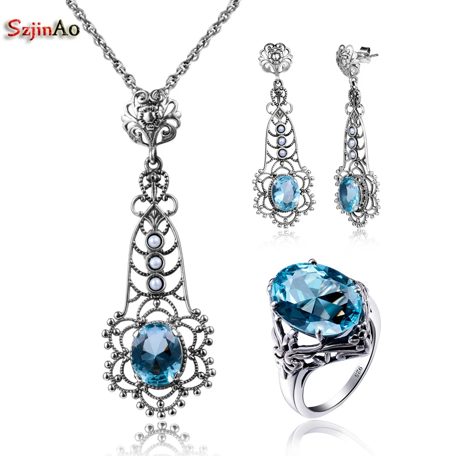 Szjinao Wholesale Fashion Aquamarine Pendant Earrings Ring Real Vintage Sterling Silver 925 Jewelry Set for Women цена Szjinao Wholesale Fashion Aquamarine Pendant Earrings Ring Real Vintage Sterling Silver 925 Jewelry Set for Women цены онлайн