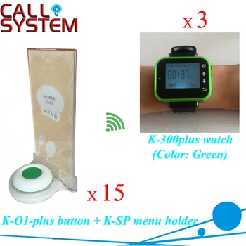 

Table waiter service small call button system 3 watch wrist receiver + 15 units buzzer with holder insert the food menu