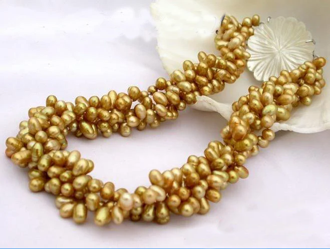 

New Arriver 4Strands 17inches 6-8mm Champagne Freshwater Cultured Pearl Necklace,Perfect Women Chirstmas Gift Pearl Jewellery