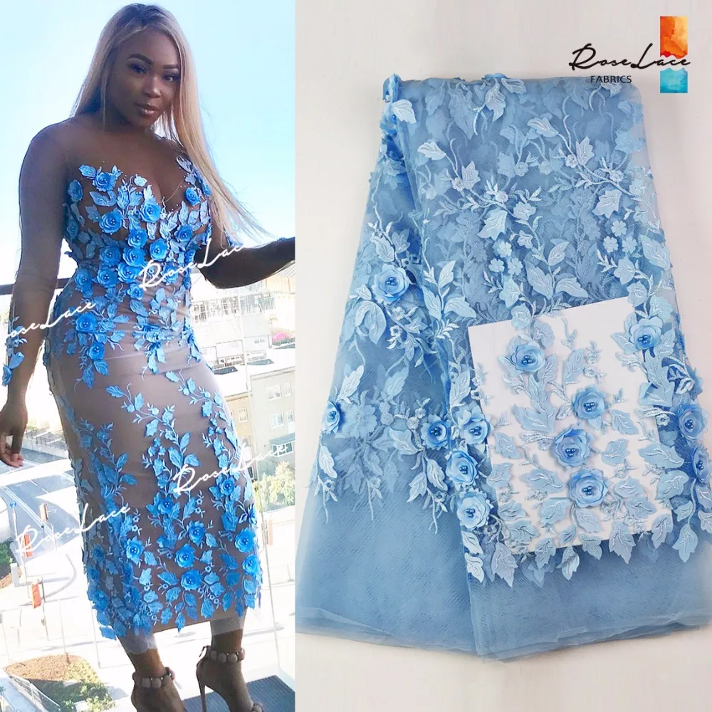 

3D Sky Blue Color Applique Net Lace Fabric With Beads 2018 High Quality Flower Embroidered Guipure 3D Applique Wedding Mesh Lace