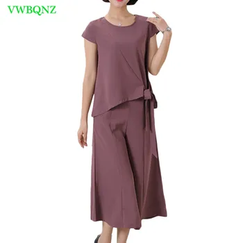 

Middle-aged women Two set Summer Fashion Wide leg pants+Short sleeve Tops Sets Noble Womens Loose Khaki Plus size Sets 4XL A568