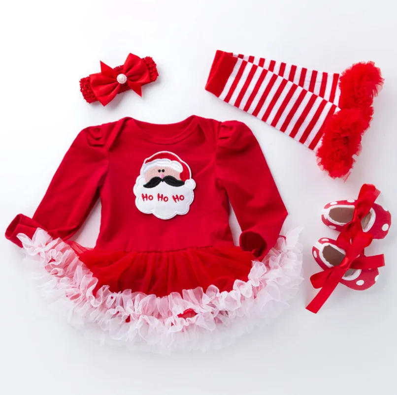 Meu Primeiro Natal Conjuntos de Roupas para Meninas Bonitos do Bebê de Algodão Recém-nascidos Romper Ruffle Tutu Vestidos 4 Peças de Conjuntos de Roupas Infantis Presentes 11 o bebê meninas bonito recém-nascido algodão macacão