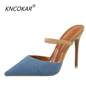 

KNCOKAR2018 Skinny slippers with skinny heels and sexy stilettos with thin, pointed denim tops and women's slipper sandals