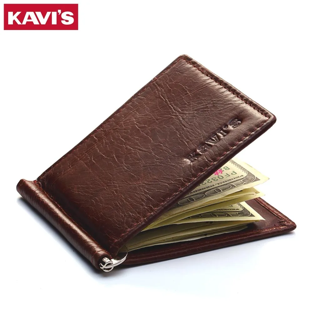 KAVIS ضئيلة العلامة التجارية الرجال النساء جلد طبيعي Bifold الذكور محفظة محفظة محفظة المال كليب الإناث المشبك للمال حالة