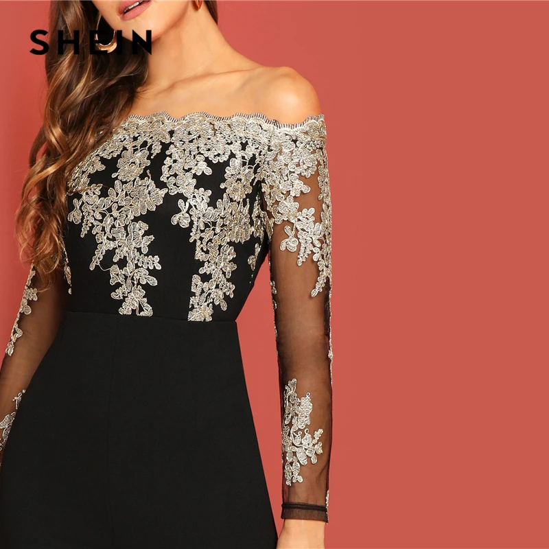 SHEIN Комбинезон С Вышивкой И Открытыми Плечами Женский Летний Черный Элегантный