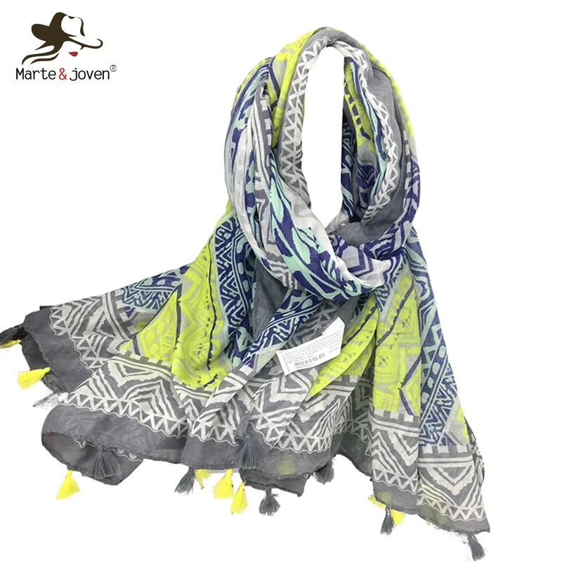 

Marte&Joven Luxury Design Rhombic Geometry Printed Scarf for Women Fashion Blue&Yellow Big Size Spring/Autumn Shawls and Wraps