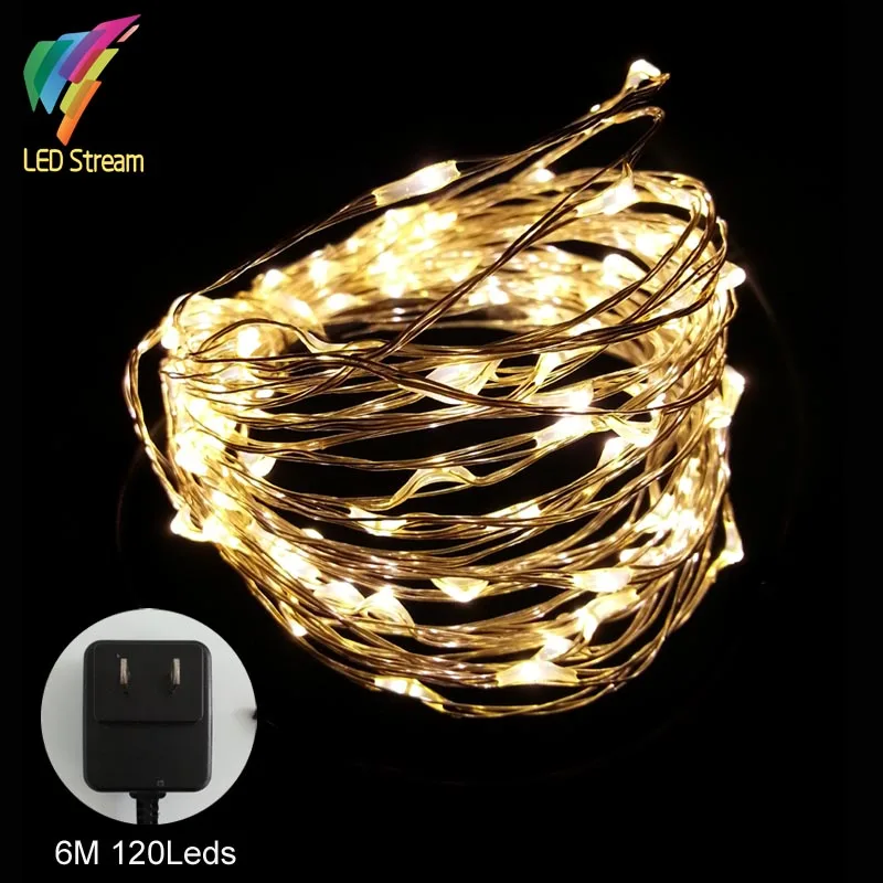 Silver wire 6M 120 leds String Light 100 240Vac Adapter 12V US Plug 20