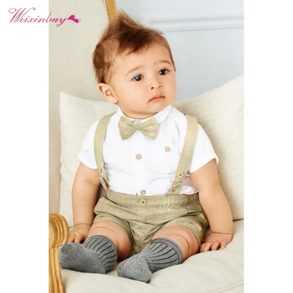 WEIXINBUY/комплект для новорожденных мальчиков, летняя футболка с короткими рукавами Топы+ комбинезон, комплекты джентльмена, комплект из 3 предметов
