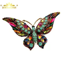 Vintage Art Deco Multicolored Crystal Statement Large Butterfly Brooch Gold Tone Teal Green Accent Color Wing Big Butterfly Pins victorian vintage dark blue crystal burst star brooch gold tone imitated pearl deco domed round pink stone cross pins for outfit