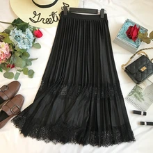 Кружевная сетчатая черная юбка с высокой талией Миди в стиле пэчворк винтажная белая розовая зеленая Корейская офисная весенне-летняя плиссированная Женская юбка