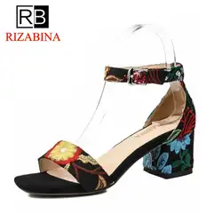 RizaBina пикантные Для женщин из натуральной кожи босоножки на высоком каблуке Ремешок на щиколотке Толстая Сандалии на каблуке Летние
