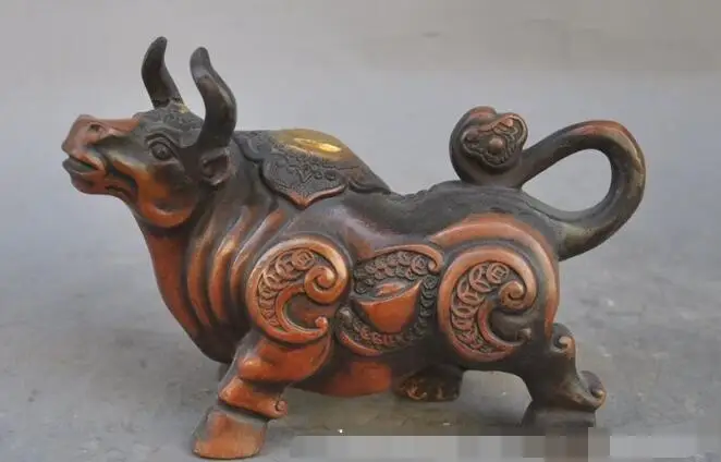 

S3047 7"chinese fengshui bronze wealth Zodiac wild Ox Bull Cattle Bovine lucky statue