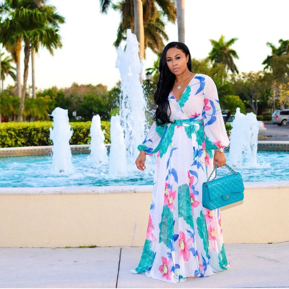 

new style Long Dress Women Elegant Floral Print Sexy V neck Female Maxi Wrap Dress Chiffon Bohemian Floor Length Party dress