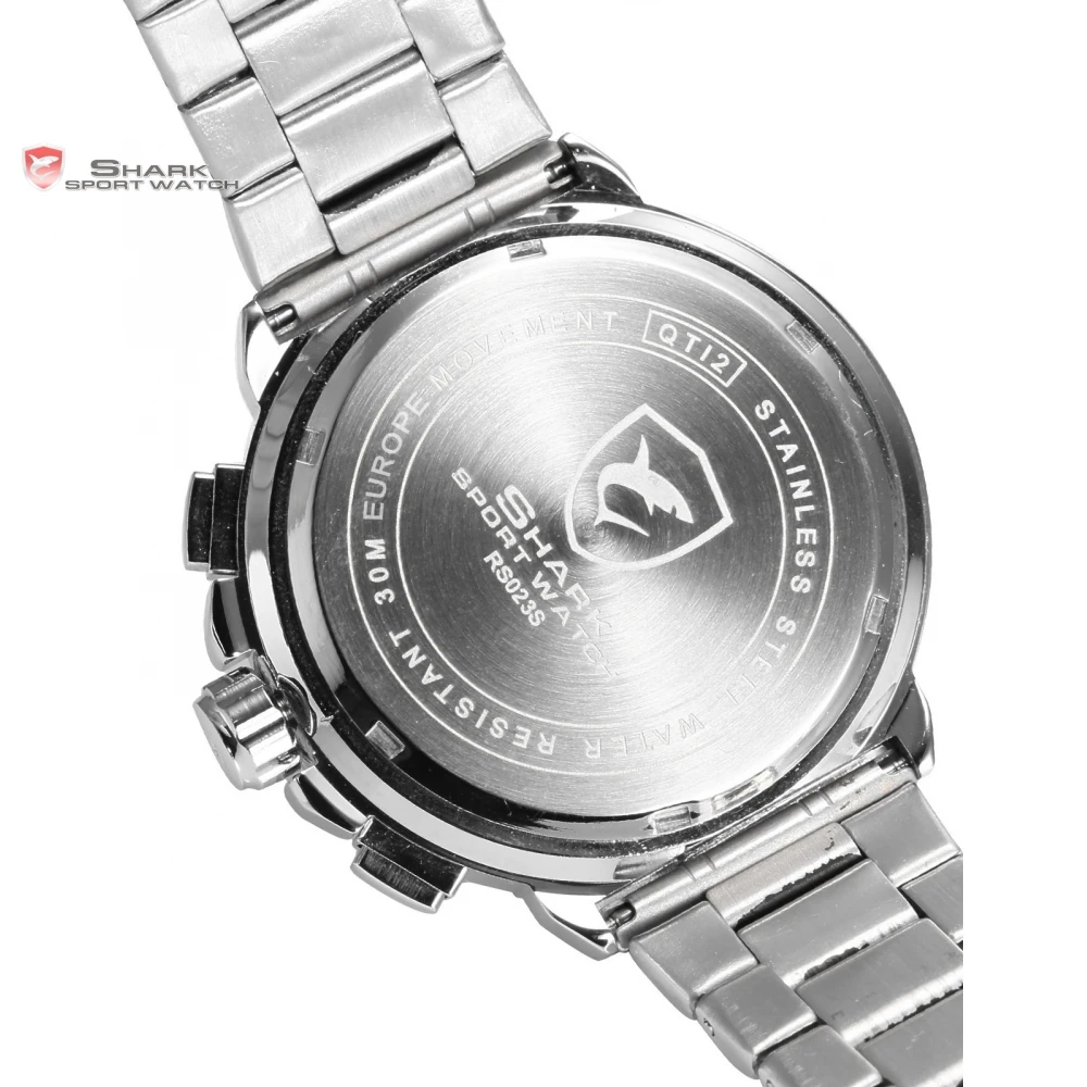 Blacknose Shark Sport Watch White Silver Stainless Steel Band Auto Date Day Waterproof Men's Sports Quartz Wrist Watches / SH381