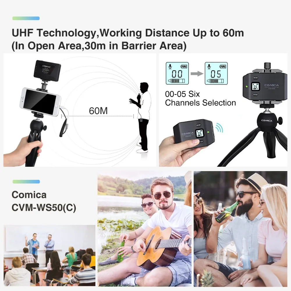 Comica CVM WS50 (C) UHF 6 канальный беспроводной Смартфон Lavalier микрофон Система 60 м