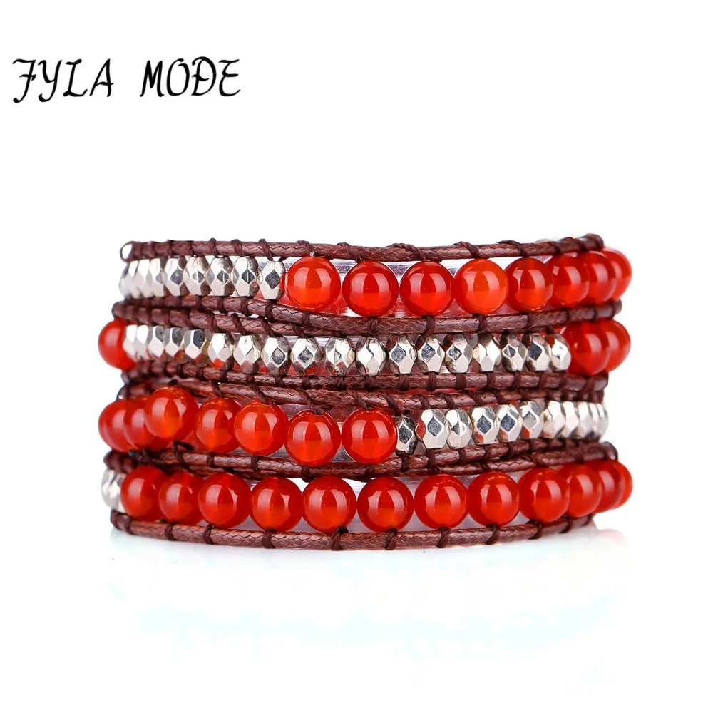 

Fyla Mode Unique 4 Strands Red Agate With Selected CCB Silver Beads Wax Leather Wrap Bracelets Woven Bracelet American Bracelet