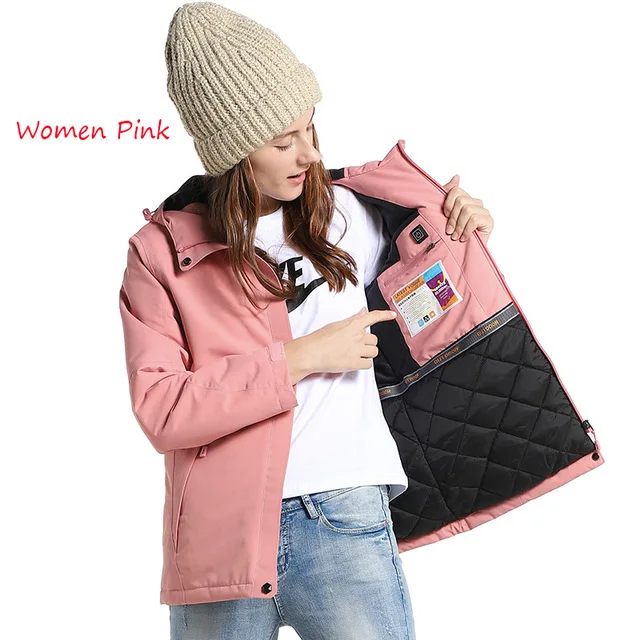 Men Women Winter USB Heating Thick Cotton Jacket Unisex Outdoor Waterproof Windbreaker Hiking Camping Trekking Climbing Coats - Цвет: Women Pink