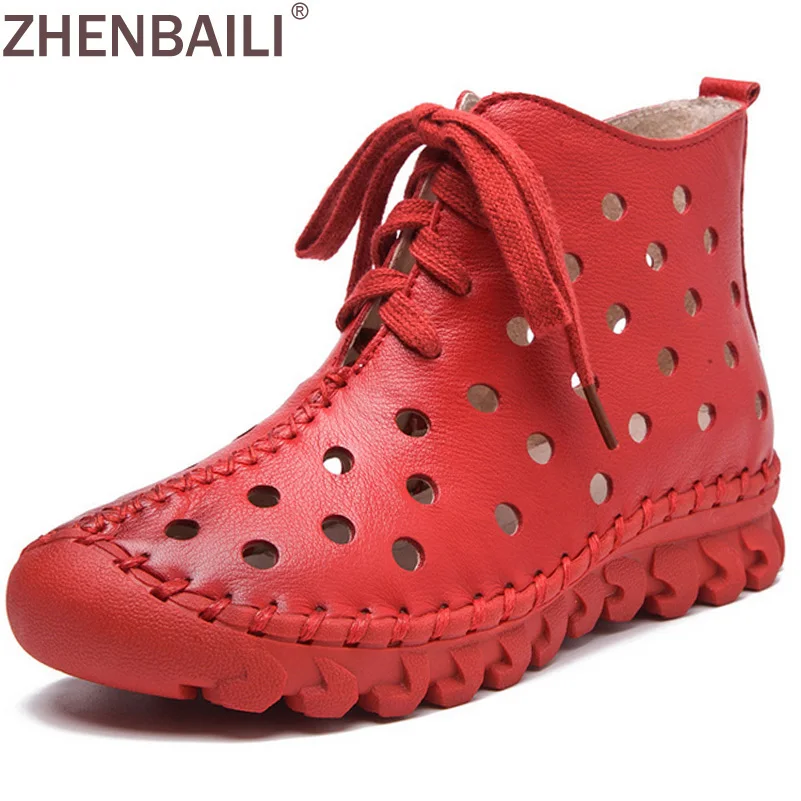 

Fashion Summer Breathable Hollow Out Women Sandals 2017 Spring Cross Tied Ankle Boots Lace Up Genuine Leather Zipper Short Boots