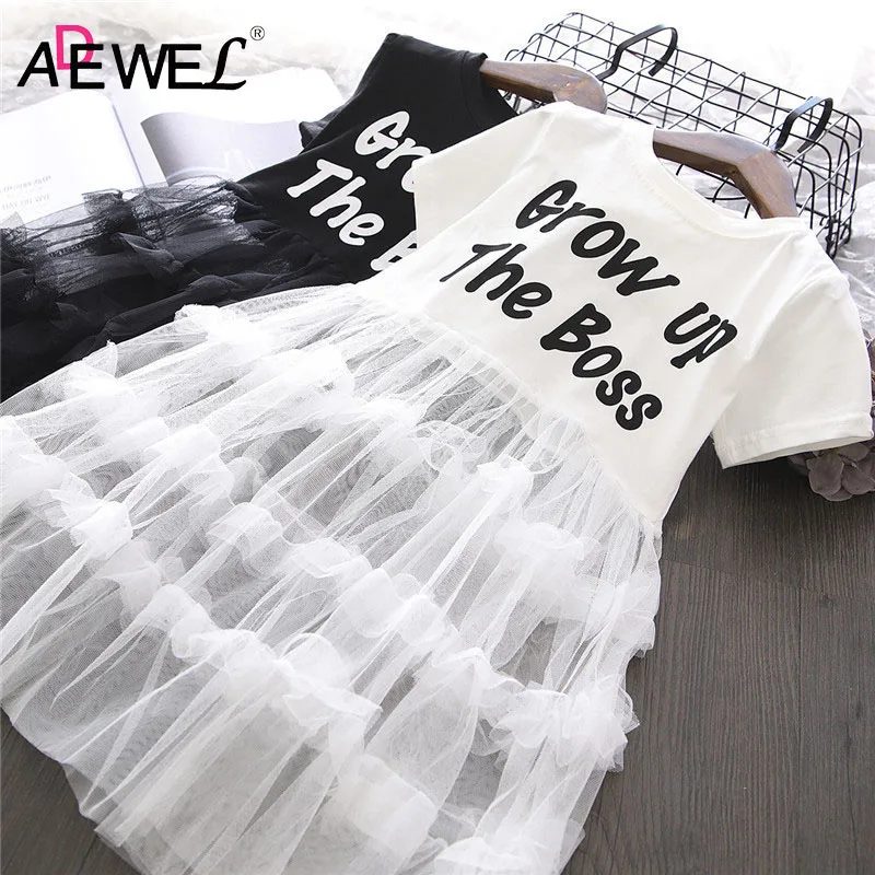 

ADEWEL Short Sleeve Dress Girl Fashion Kids 2-9 Years Letter Patchwork Mesh Top Layered Dresses 2019 Summer Children Clothing