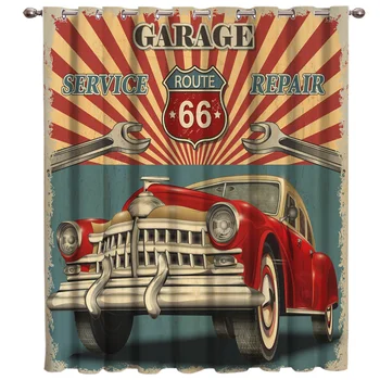 

Classic Poster Retro Car Window Treatments Route 66 Curtains Valance Living Room Bathroom Decor Outdoor Decor Print Kids