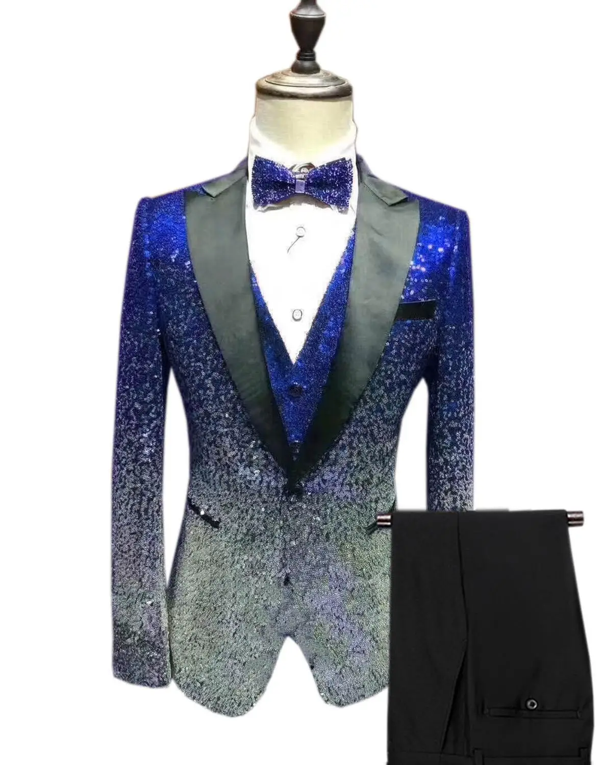 Мужской костюм с пайетками, 3 предмета, блестящий, приталенный смокинг, пиковый лацкан с тупым углом, вечерние, свадебные, для жениха, для банкета, ночного клуба(Блейзер+ жилет+ брюки - Цвет: Royal Blue-Silver
