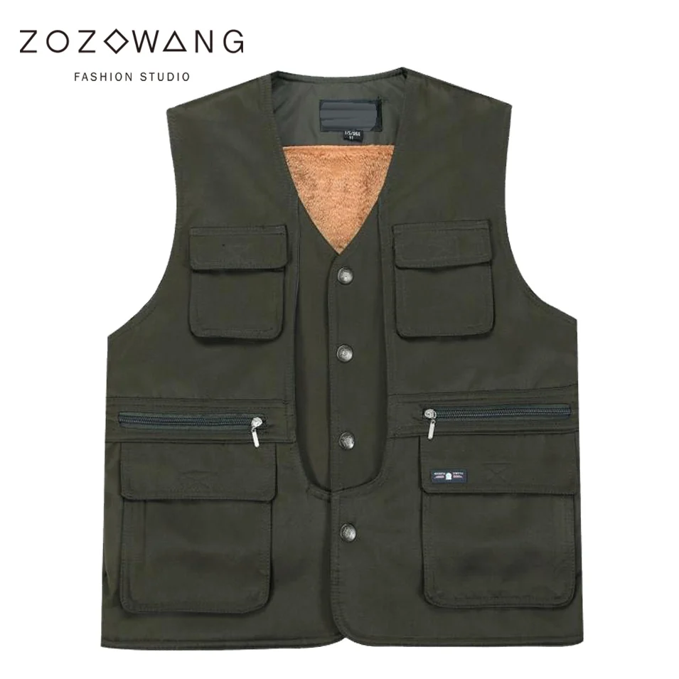 

Zozowang autumn winter new high quality brushed short vest men plus size solid casual v neck loose multi pocket waistcoat men