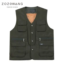 Zozowang autumn winter new high quality brushed short vest men plus size solid casual v neck loose multi pocket waistcoat men 