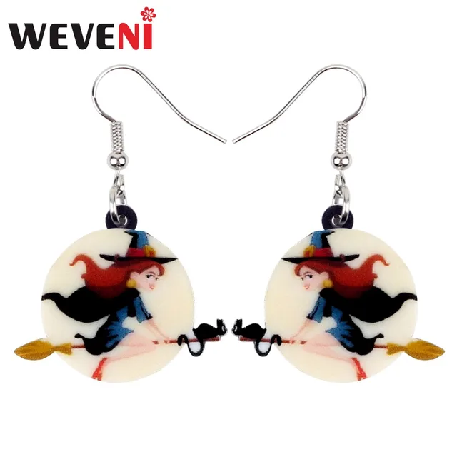 weveni acrylic magical halloween broomstick witch earrings round drop dangle big cartoon fashion jewelry for women