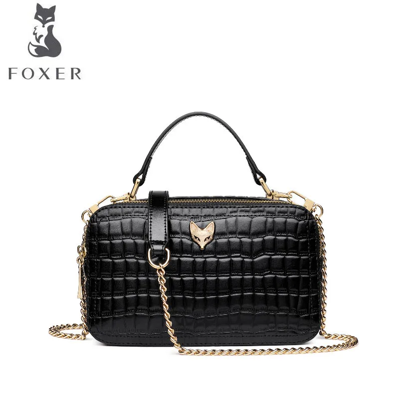 

FOXER 2019 new casual leather shoulder messenger bag Fashion crocodile small square bag Designer bag female
