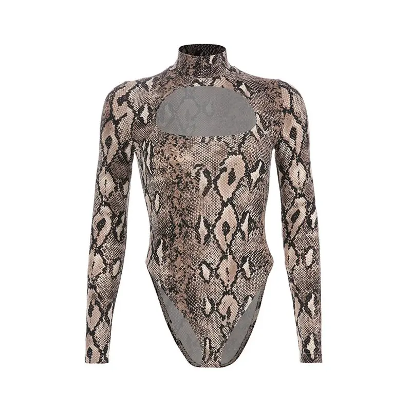 

Snake Print Bodysuit Sexy Hollow Rompers Women Spring Long Sleeve Overalls Streetwear Tops Club Elastic Skinny Body Suits Female