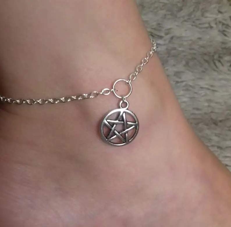 

new Silver Pentagram Anklet Wicca Anklet Pentacle Anklet Ankle Bracelet New Age Pagan Wiccan Handmade Gift women fashion ADARJW
