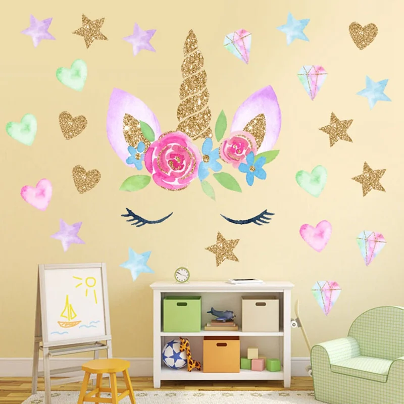 

Cartoon Unicorn Stars Wall Stickers Colorful Flower Animal Wall Sticker 3D Art Decal Sticker DIY Child Room Nursery Wall Decor