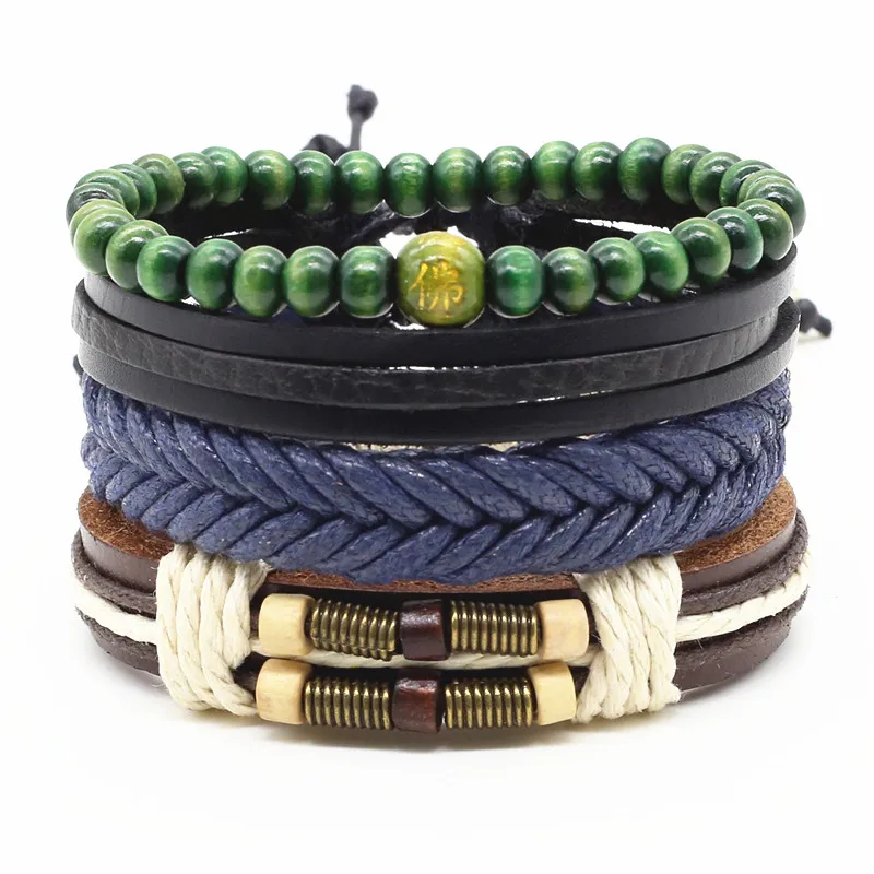 Bracelet jewelry Handmade Wood Bead Charm Men Leather Bracelet For Women Jewelry Accessory 4pcs/set bracelet jewelry