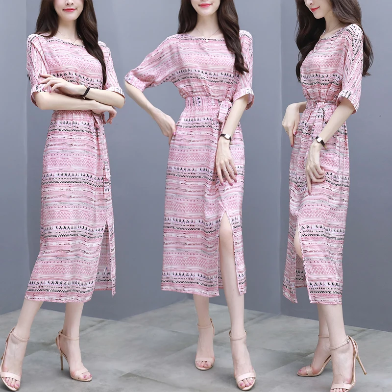 

Plus Size 4xl Floral Print Summer Dress Sashes Split Dress Women Fashion Wild Midi Dress Brief Temperament Vestido De Festa
