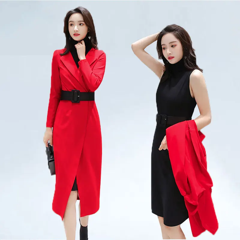 

2019 Spring Coat Women Long sleeve Elegant Hip Autumn Long trench coat for women Send dress and belt sobretudo feminino 015