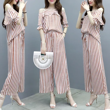 

Slash Neck Women's Summer Suit Striped Women Two Piece Outfits Ensemble Femme Deux Pieces Year-old Female Costume Woman Suit