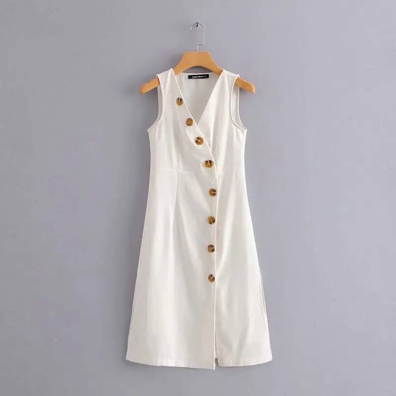 

2019 Spring Summer Sleeveless White Dress Single breasted Casual Midi Women dress Office Lady Dress Female vestidos#N811