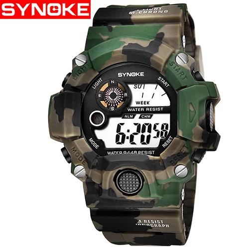 SYNOKE военные спортивные часы, мужские водонепроницаемые часы с будильником, светодиодный S задний светильник, ударные цифровые наручные часы, мужские часы - Цвет: Army Green