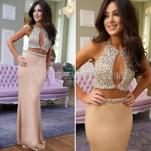 Shinning Strass Prom Kleider 2016 Mädchen Champagne Abendkleid Satin Kristalle Sexy Prom Kleider Zweiteilige Kleider Für Partei RT23