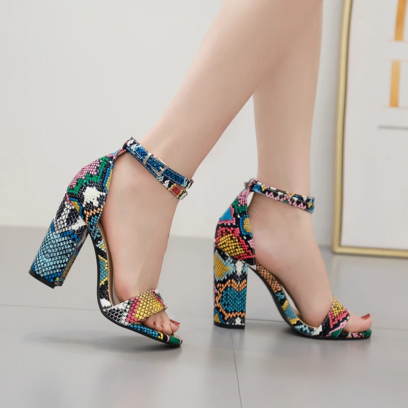 

shoes Woman buckle Sandals summer Peep toe shoes fashion chunky High heels slides mixed color hollow pump ladies zapatos mujer