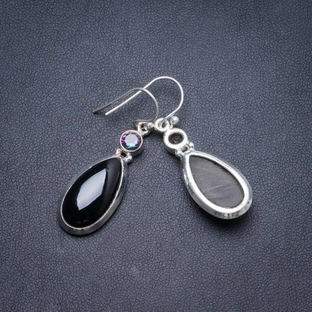 

Natural Black Onyx and Mystical Topaz Handmade Unique 925 Sterling Silver Earrings 1.75" Y2637