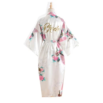 

New Ladies' Long Bronzing Peacock Figure Bride Simulation Silk Pre-marriage Makeup Robe Satin Dressing Gown Sleepwear Nightwear
