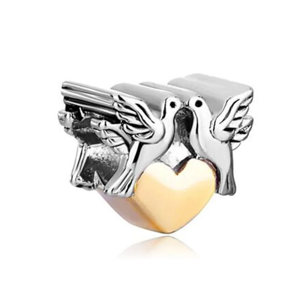 

Free shipping Double Peace Doves On Heart Charm Bracelet Love Charm European Bead fit Pandora charm bracelet