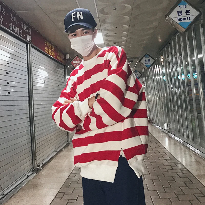 

New Fashion Casual Men Stripe Hoodies Outerwear Male Streetwear Loose Hip Hop Long Sleeve Sweatshirt Jacket Autumn